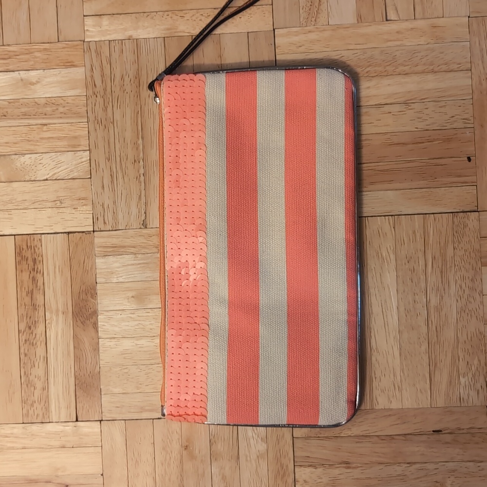 Loft coral/beige sequin clutch wristlet